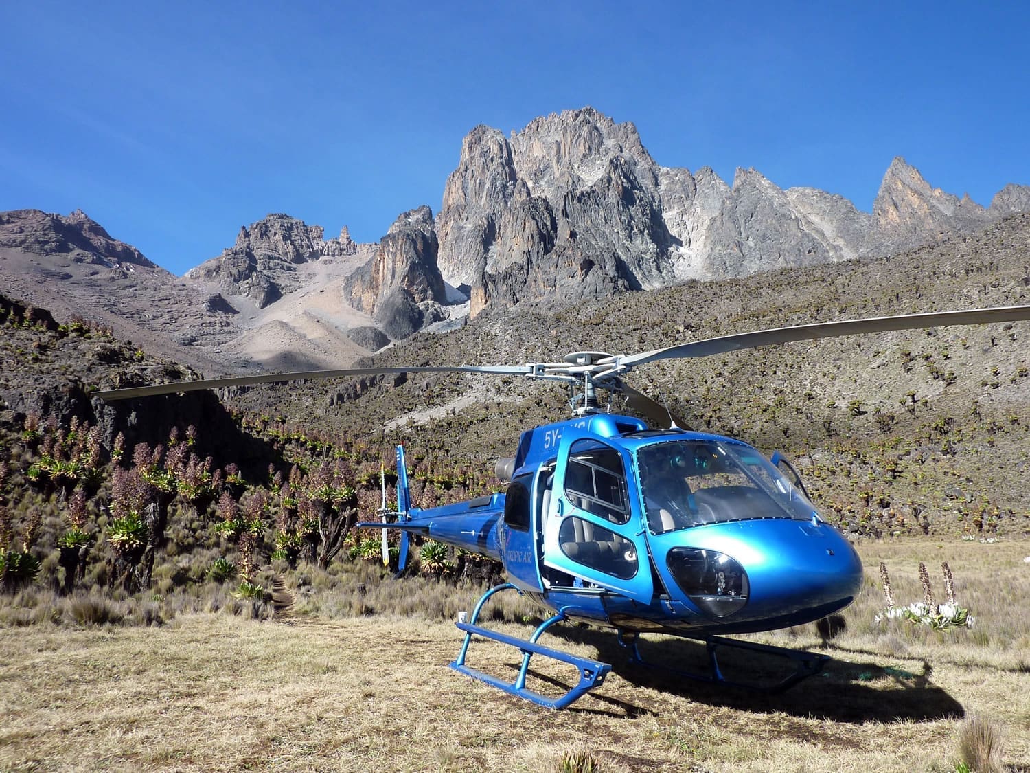P1040783 Blue helicopter parked in front of jagged rocky mountains and alpine vegetation.